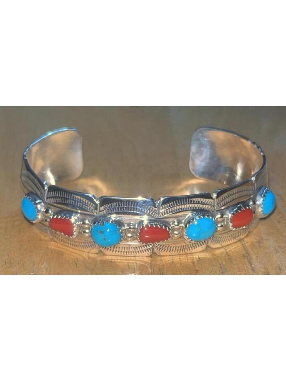 Navajo sterling silver turquoise and coral statement cluster bracelet -Julia
